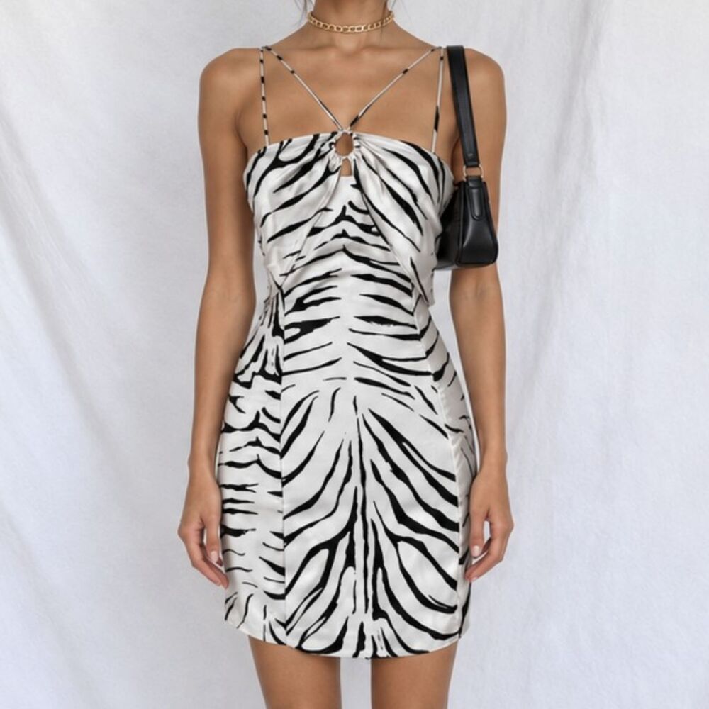 Zara Black White Animal Zebra Print Satin Mini Bodycon Cocktail Dress Size S